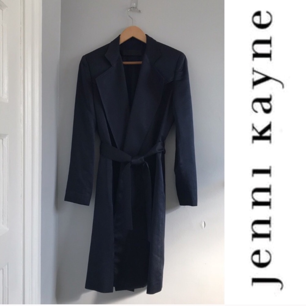 JENNI KAYNE Navy Satin Belted Coat Sz 6